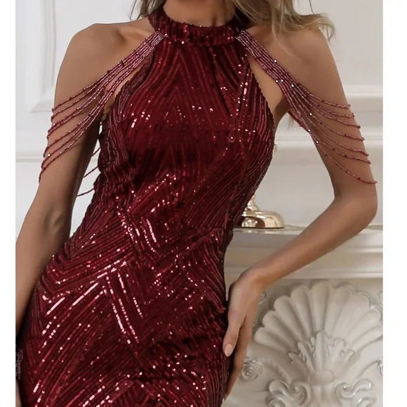 Luxe Sequin Champagne Halter Evening Party Wedding Bodycon Gown Dress - Picture 4 of 9